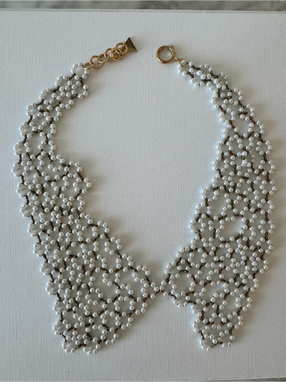 ANTHROPOLOGIE White Beaded Collar Necklace - Gold Accents